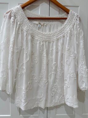 Studio M White Boho Textured Blouse Smocked Neck Sheer (Size Small)